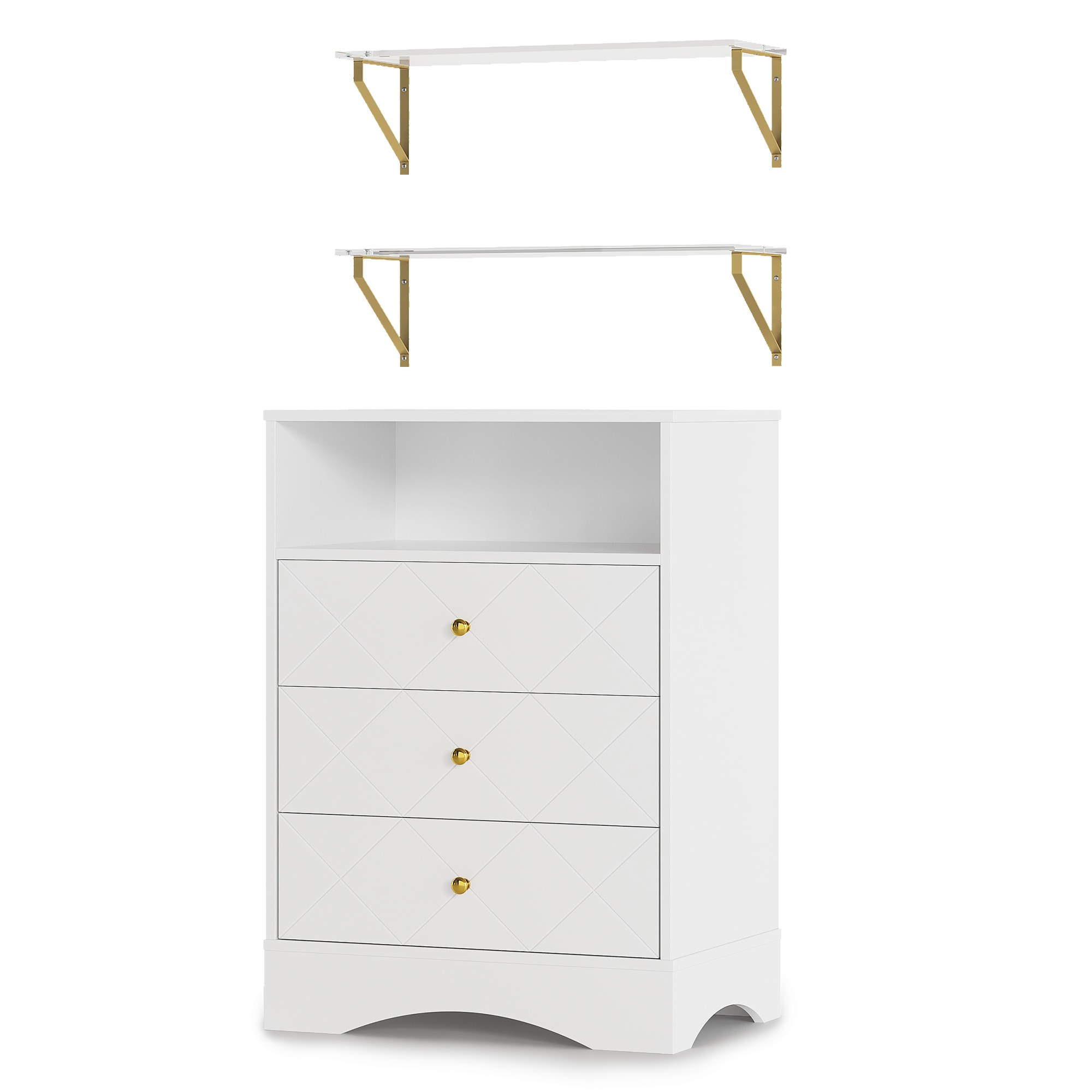 Dresser With Drawers & Floating Shelves, 3 Drawer Dresser With Open Storage & Painted Finish, Modern Storage Dresser For Toddler Room, Bedroom, Living Room, Closet, Hallway, White_maomaolike.com